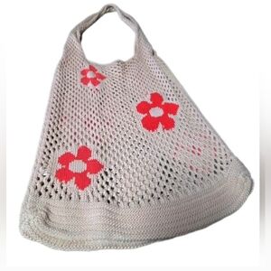VTG 70's Crochet Knit Mesh Hobo Bag Retro Y2K Beach Boho  Hippie Flowers